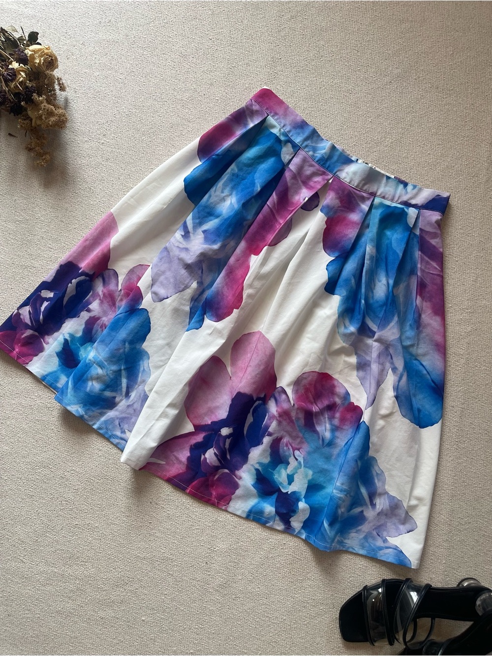 Watercolour Floral Pleated A-Line Skirt Blue Purple Pink 29in Waist